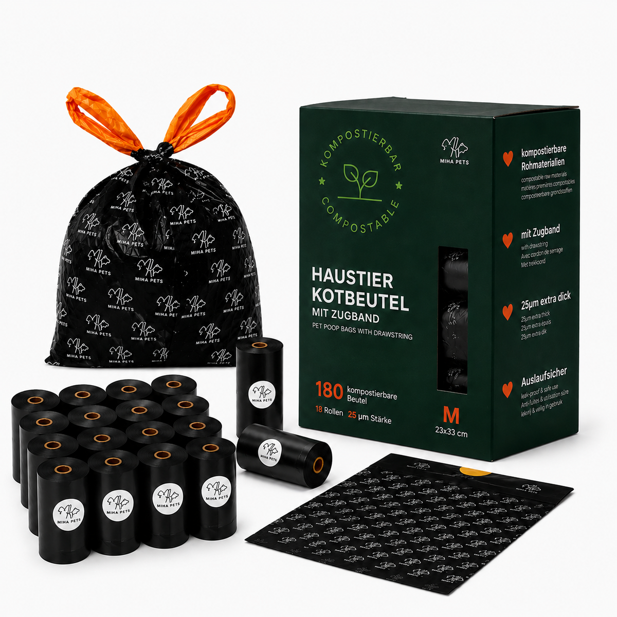 MIHA PETS Kompostierbare Hundekotbeutel mit Zugband, 180 Stück, Größe M, L, XL