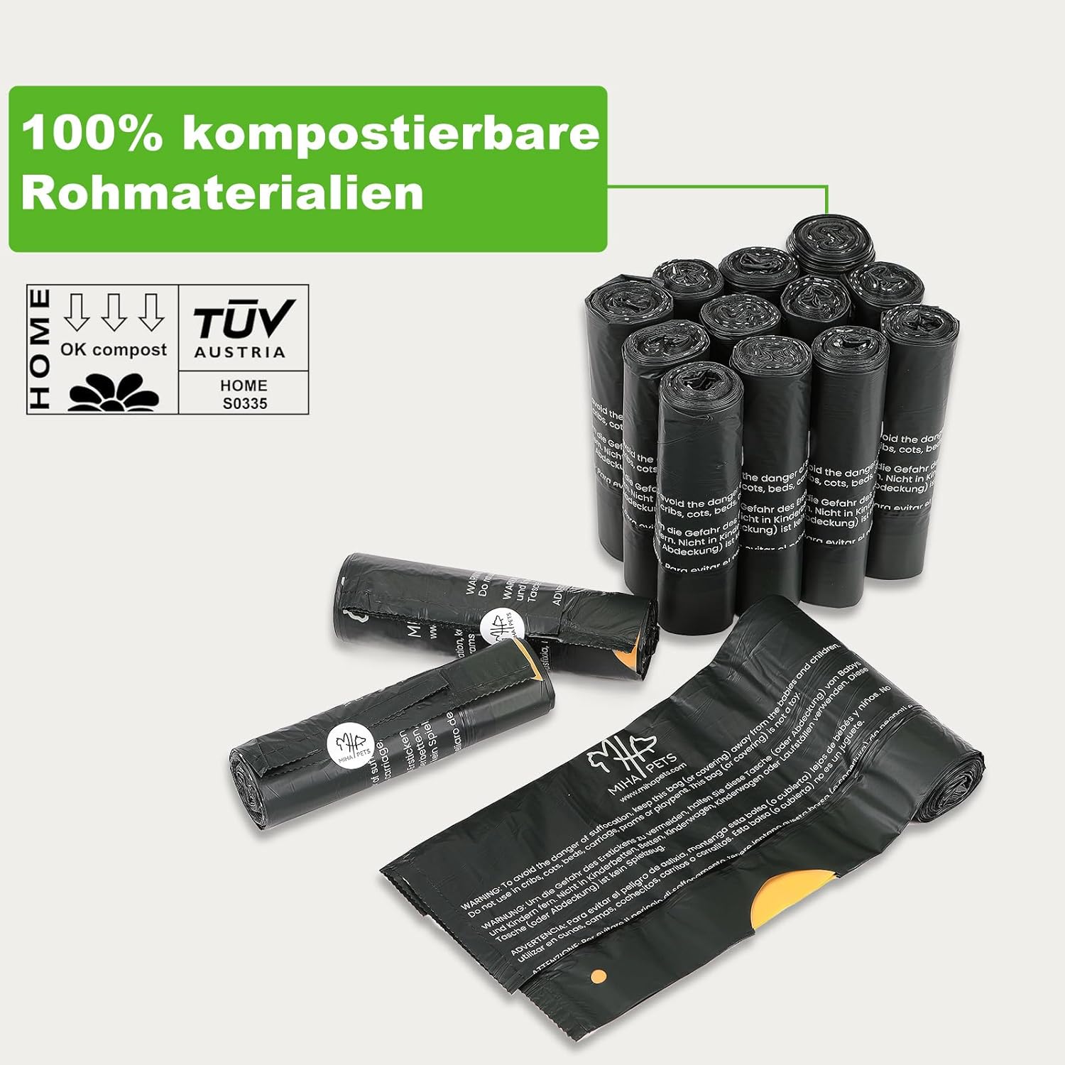 Biodegradable Dog Waste Bags, Pack of 180, 100% Compostable Waste Bags for Dogs, OK with Drawstring, Extra Thick, Leak-Proof, Compostable Dog Bags, Pet Waste Bags with Drawstring (L)