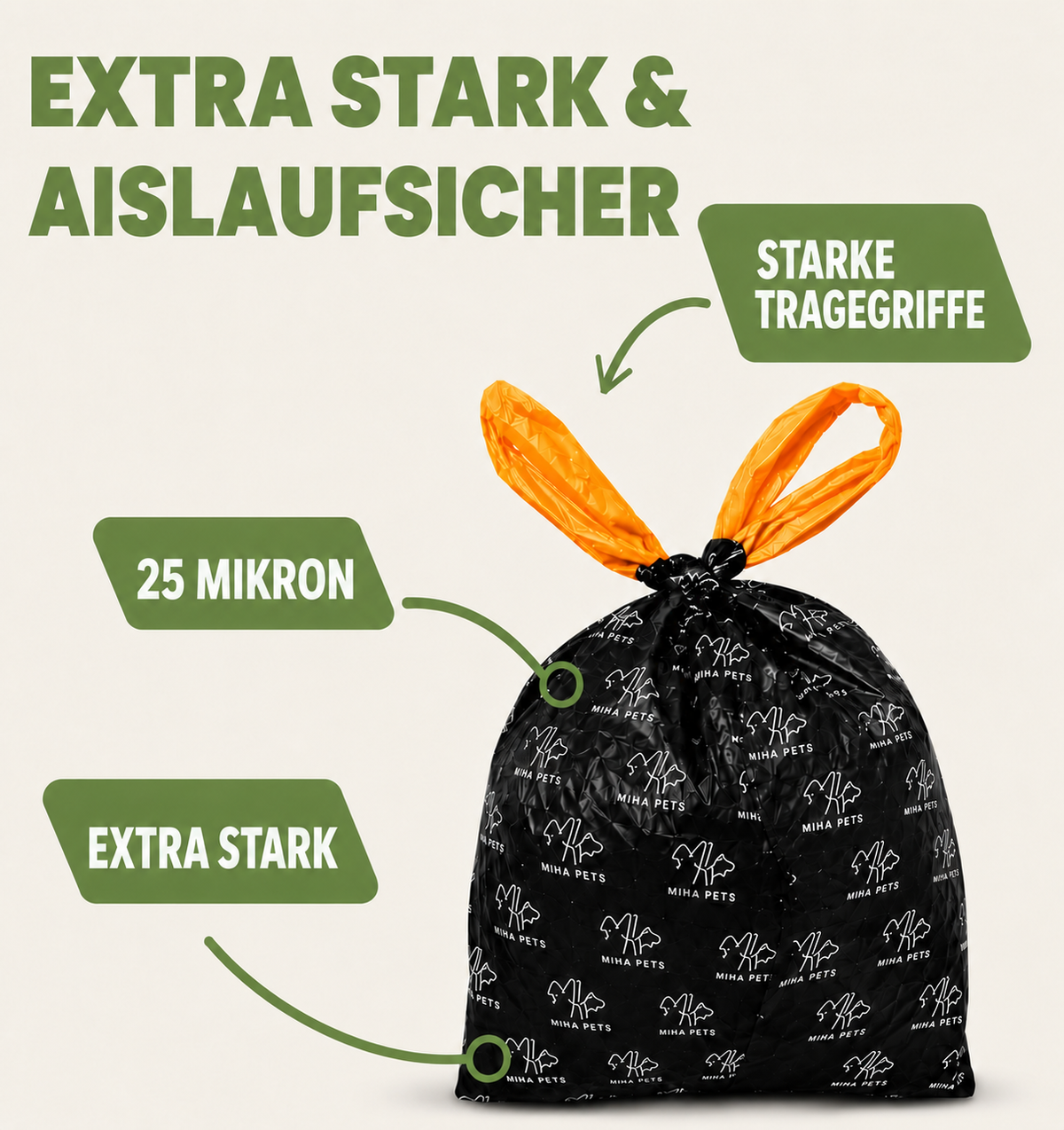 MIHA PETS Kompostierbare Hundekotbeutel mit Zugband, 180 Stück, Größe M, L, XL