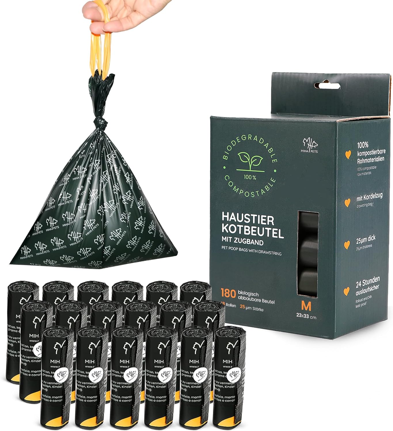 Biodegradable Dog Waste Bags, Pack of 180, 100% Compostable Waste Bags for Dogs, OK with Drawstring, Extra Thick, Leak-Proof, Compostable Dog Bags, Pet Waste Bags with Drawstring (M)