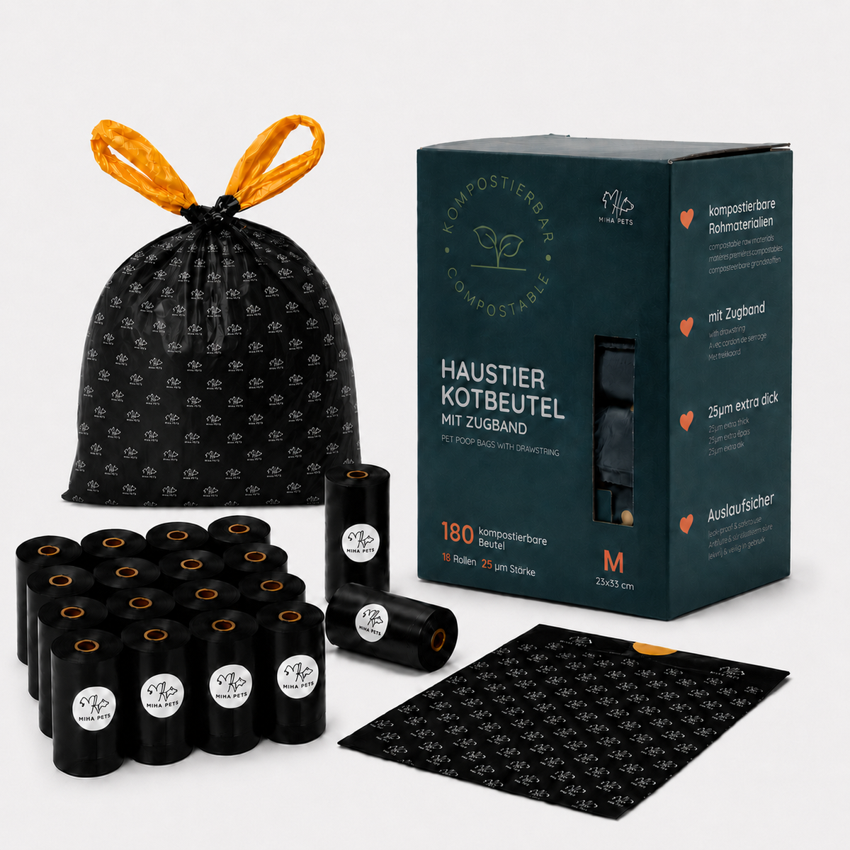 MIHA PETS Kompostierbare Hundekotbeutel mit Zugband, 180 Stück, Größe M, L, XL