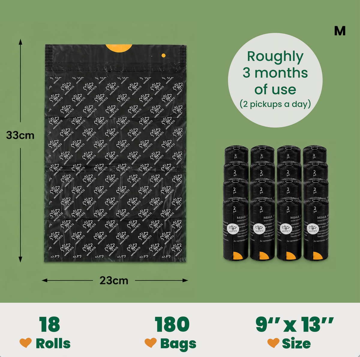 MIHA PETS Kompostierbare Hundekotbeutel mit Zugband, 180 Stück, Größe M, L, XL