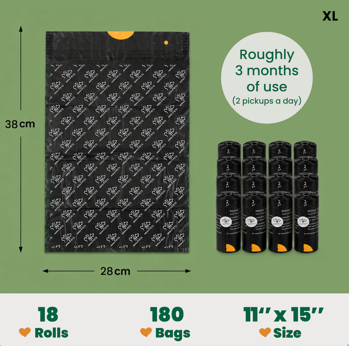 MIHA PETS Kompostierbare Hundekotbeutel mit Zugband, 180 Stück, Größe M, L, XL