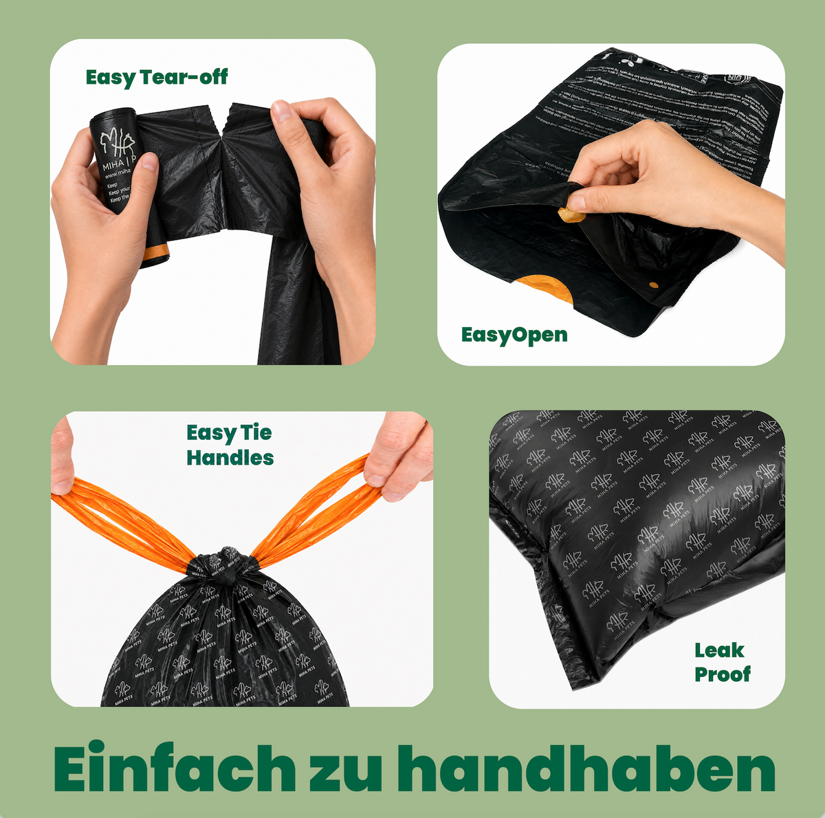 MIHA PETS Kompostierbare Hundekotbeutel mit Zugband, 180 Stück, Größe M, L, XL