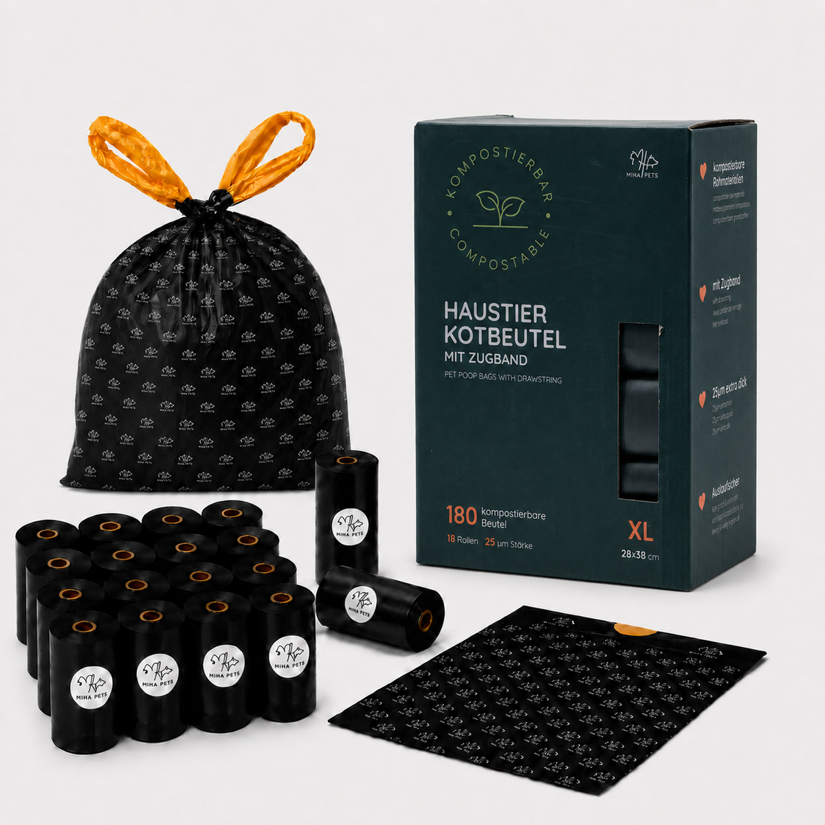MIHA PETS Kompostierbare Hundekotbeutel mit Zugband, 180 Stück, Größe M, L, XL